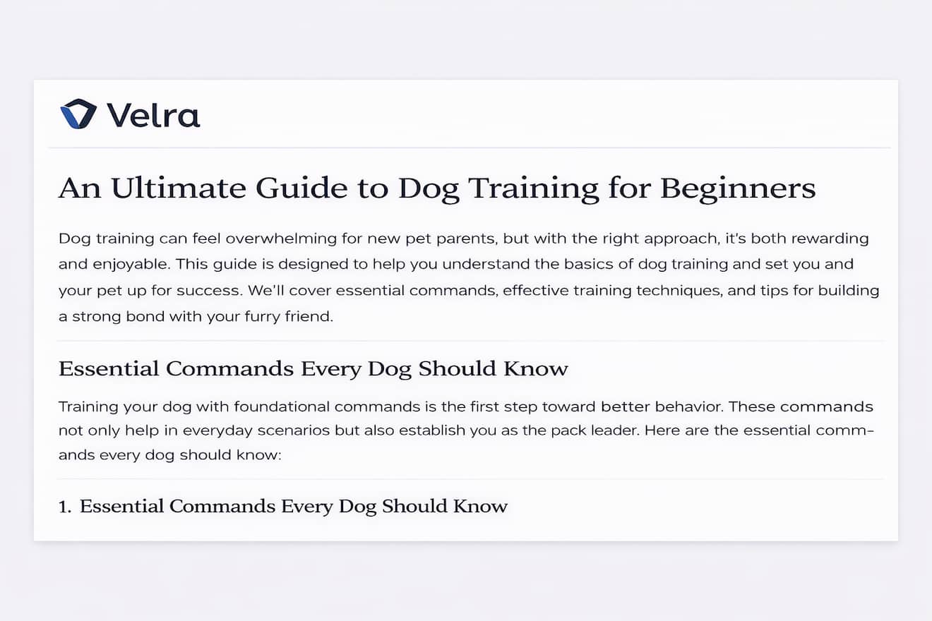 SEO article excerpt showing H1 heading structure and intro paragraph by VELRA MEDIA