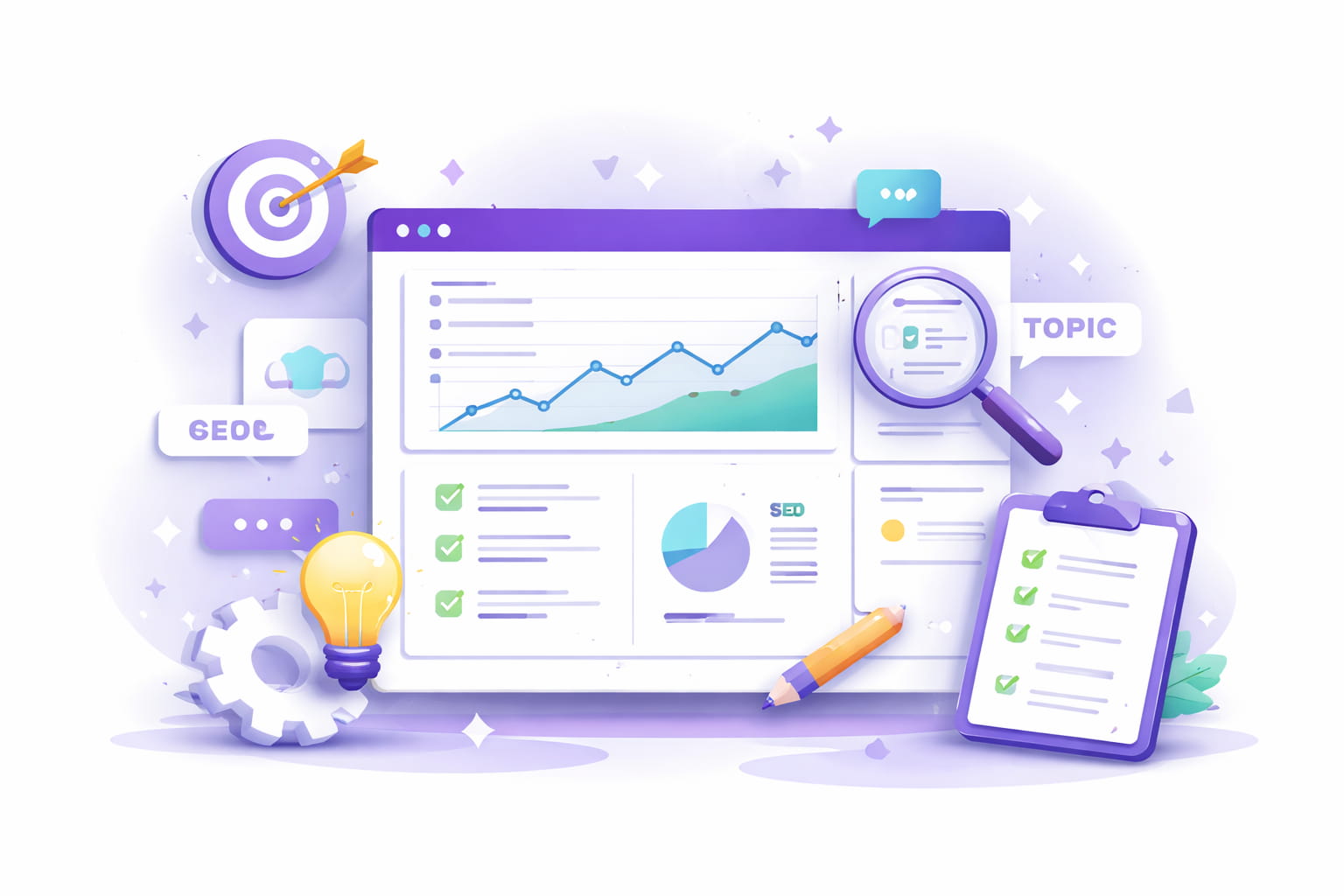 Illustration of an SEO content workflow dashboard for topical authority and qualified lead generation