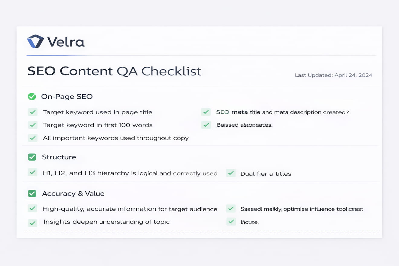 VELRA editorial QA checklist showing content review criteria before delivery