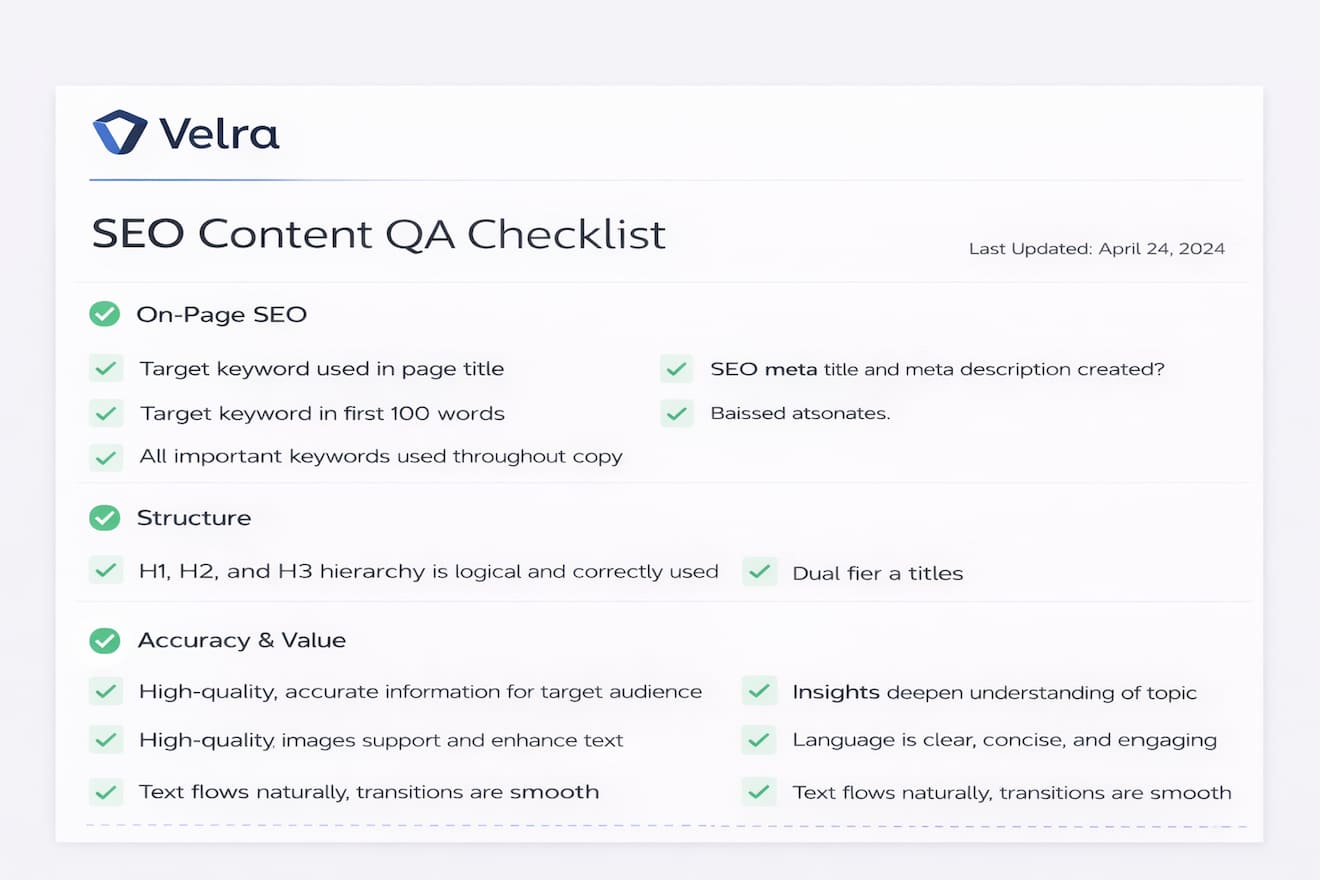 E-E-A-T quality checklist applied to every SEO blog article at VELRA MEDIA