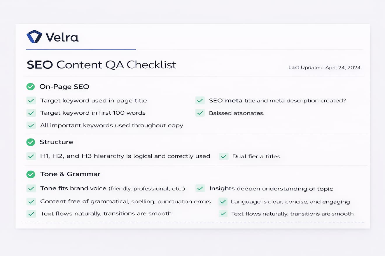 SEO layer checklist including meta title, schema, and internal link verification